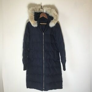 Theory Long Down Puffer Jacket with Fur Hood NAVY BLUE